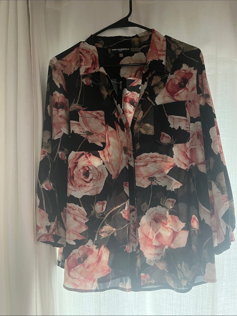 Karl Lagerfeld Paris Black Floral Stretch Blouse women Large